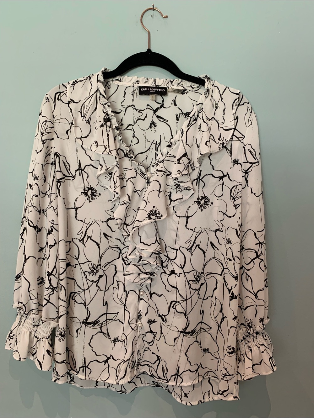 Karl Lagerfeld White Blouse with Black Floral Ruffle Front
